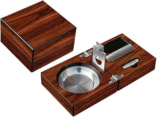 Prestige Import Group Folding Wood Cigar Ashtray Set with Guillotine Cutter, Punch Cutter, Cigar Bed and Stainless Steel Ash Reservoir - Color: Walnut