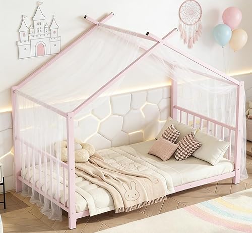 Miniatura 10 de Bellemave Twin Size Tent Floor BedFrame for Kids, Metal Montessori Beds with slats, Twin House Bed for Kids Girls Boys, Wash Black