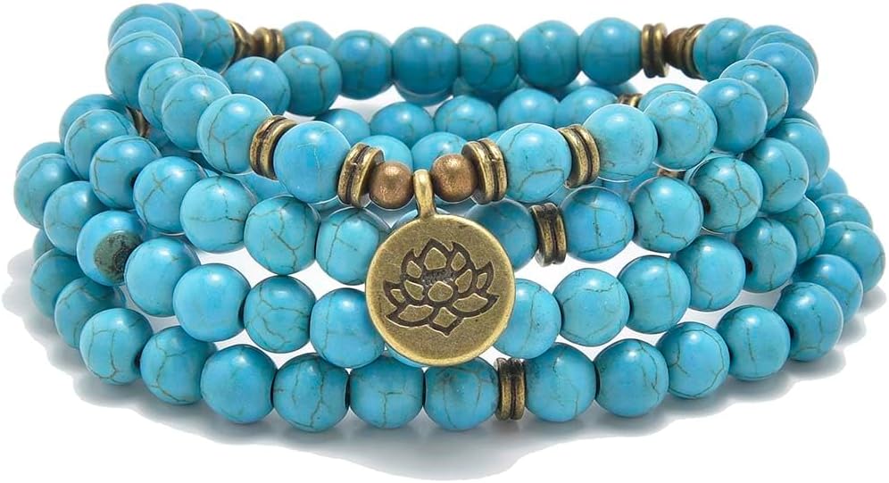108 Natural Stone Mala Beads Yoga Bracelet with Lotus Charm