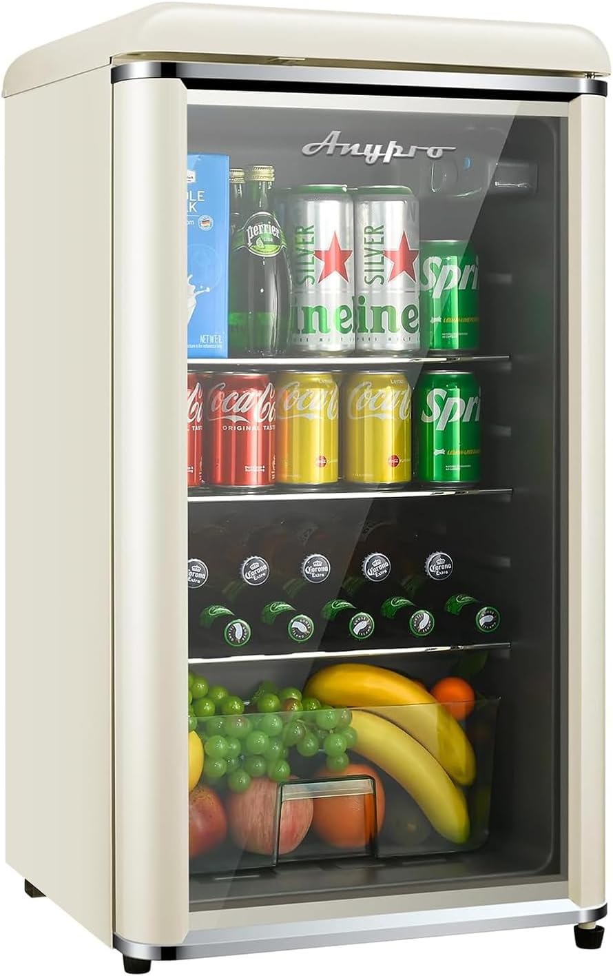 Cucina Magica 4.9 Cu.Ft Retro Beverage Refrigerator Double Glass Door Fridge - Holds 160 Cans, 7 Temp Settings Adjustable Shelves, Quiet 42dB - Perfect for Kitchen, Bar, Dorm