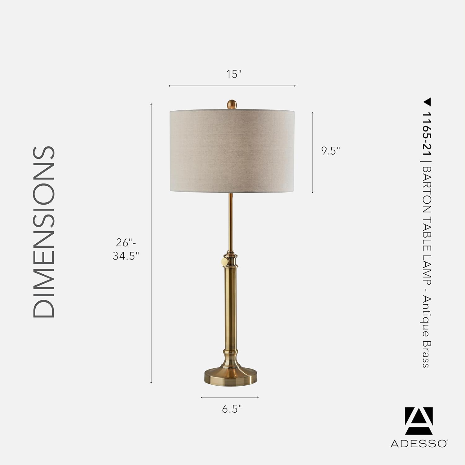 Adesso Antique Brass Table Lamp with Oatmeal Linen Shade – Adjustable Height Accent Light for Bedroom, Living Room, or Home Office, up to 34” Tall