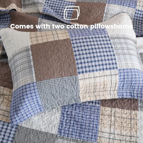 Secgo Queen Comforter Set for Bed - 100% Cotton Quilts Queen Size, Bule, Plaid Bedspreads (90 * 98 Inch) with 2 Pillow Shams, Patchwork Reversible Lightweight Bedding