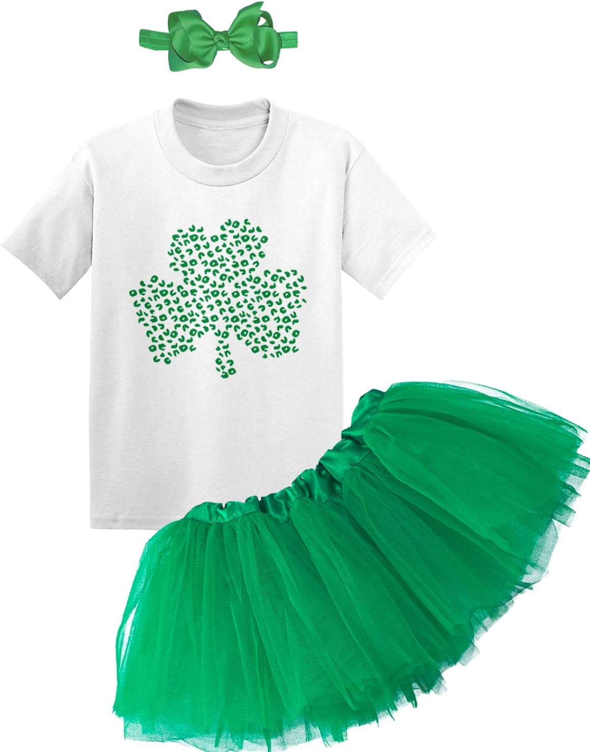 Haase Unlimited Cheetah Print Green Shamrock - Clover St Patricks Baby Bodysuit + Tutu Skirt + Bow Headband Set