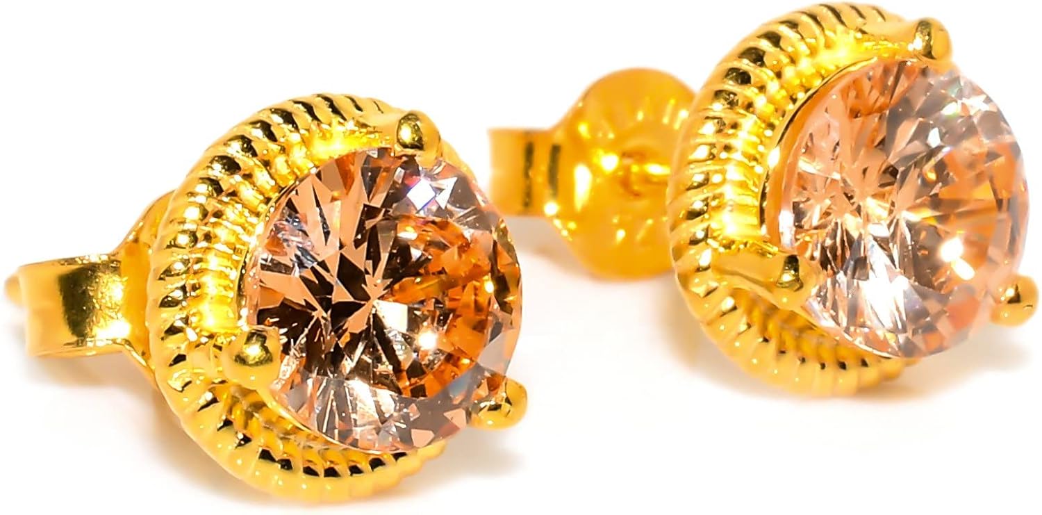 Golden Topaz Gemstone Earrings for Woman 925 Sterling Silver Studs for Girls Ear cuff 8 mm Best Gift For Christmas