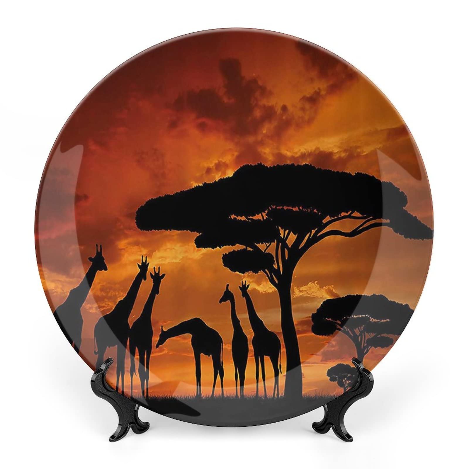 XISUNYA 7 Inch Decorative Plate, Animal Decor Ceramic Craft, Giraffe Crew with Majestic Tree at Sunrise in Kenya Print Ceramic Wall Hanging for Home &