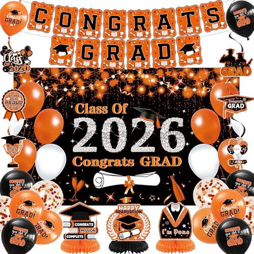 DARUNAXY Orange Graduation Party Decorations Black Orange Class of 2026 Graduation Banner 2026 Congrats Grad Honeycomb Hanging Swirl Confetti Balloon Congratulations Graduates Party Supplies(25PC)