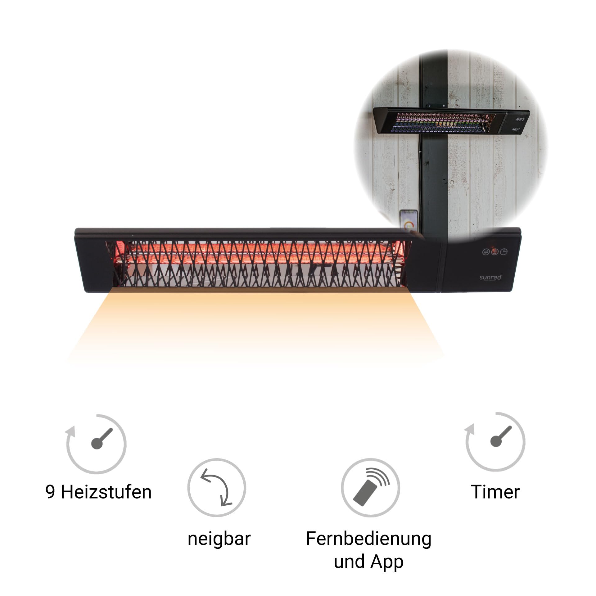 SUNRED Infrarot-Wandheizstrahler Triangle Dark Smart 2500 W Terasse mit Steuerung per W-LAN & App (iOS & Android) - 9 Heizstufen und Timer - Fernbedienung Terrassenheizstrahler außen Wandmontage