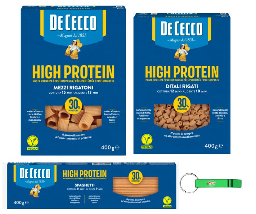 De Cecco Pasta High Protein MIX Ditali Rigati Mezzi Rigatoni Spaghetti Italienische Hartweizennudeln 3 Packungen à 400g + Beni Culinari Kostenloser Schlüsselanhänger