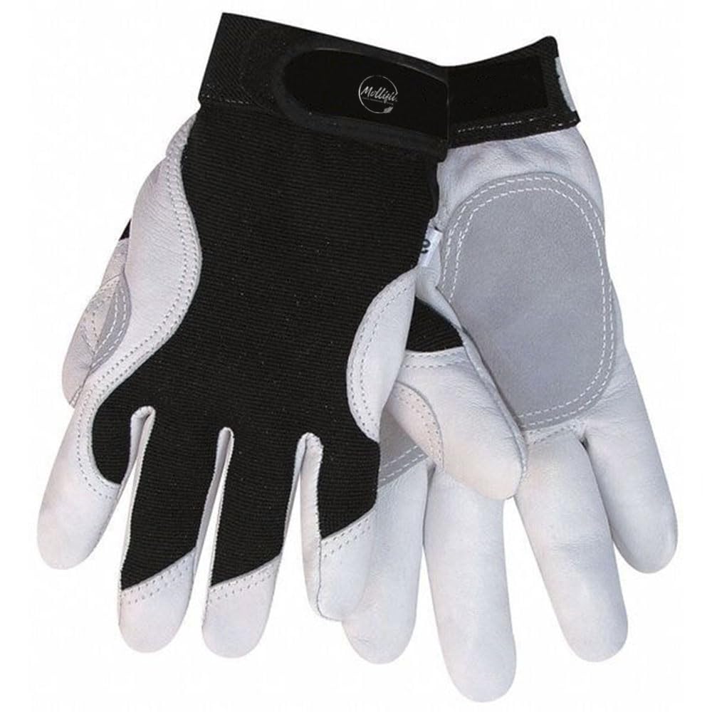 MOLLIFII Work Gloves, Goatskin/Spandex, Unlined, Wing Thumb, Black/White, XL, 1 Pair, Mfr: 1470XL-A
