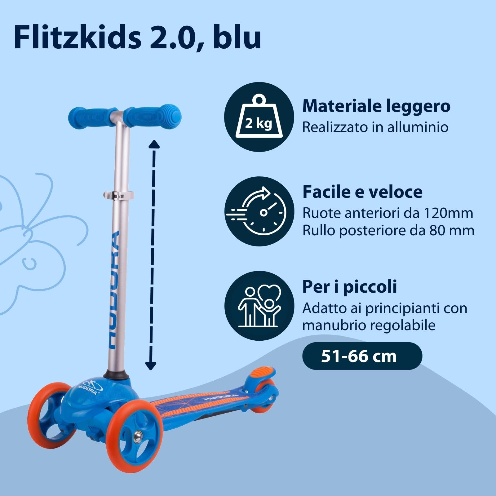 HUDORA Monopattino Flitzkids 2.0 I Monopattino per bambini stabile con pedana grande I Monopattino mini a tre ruote regolabile e trasportabile, peso fino a 50kg I In alluminio per bambini