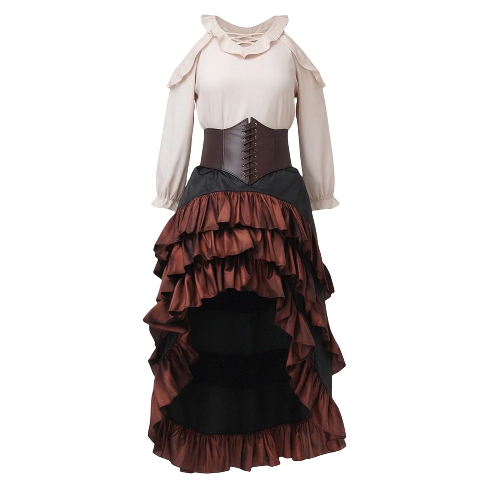 Piratenkostüm Damen Rock Mittelalter Kleid Rüschen Vorne Kurz und Hinten Lang Wikinger Kostüm Lange Ärmel Vintage Steampunk Gothic Röcke Faschingskostüm für Oktoberfest Halloween Karneval Cosplay