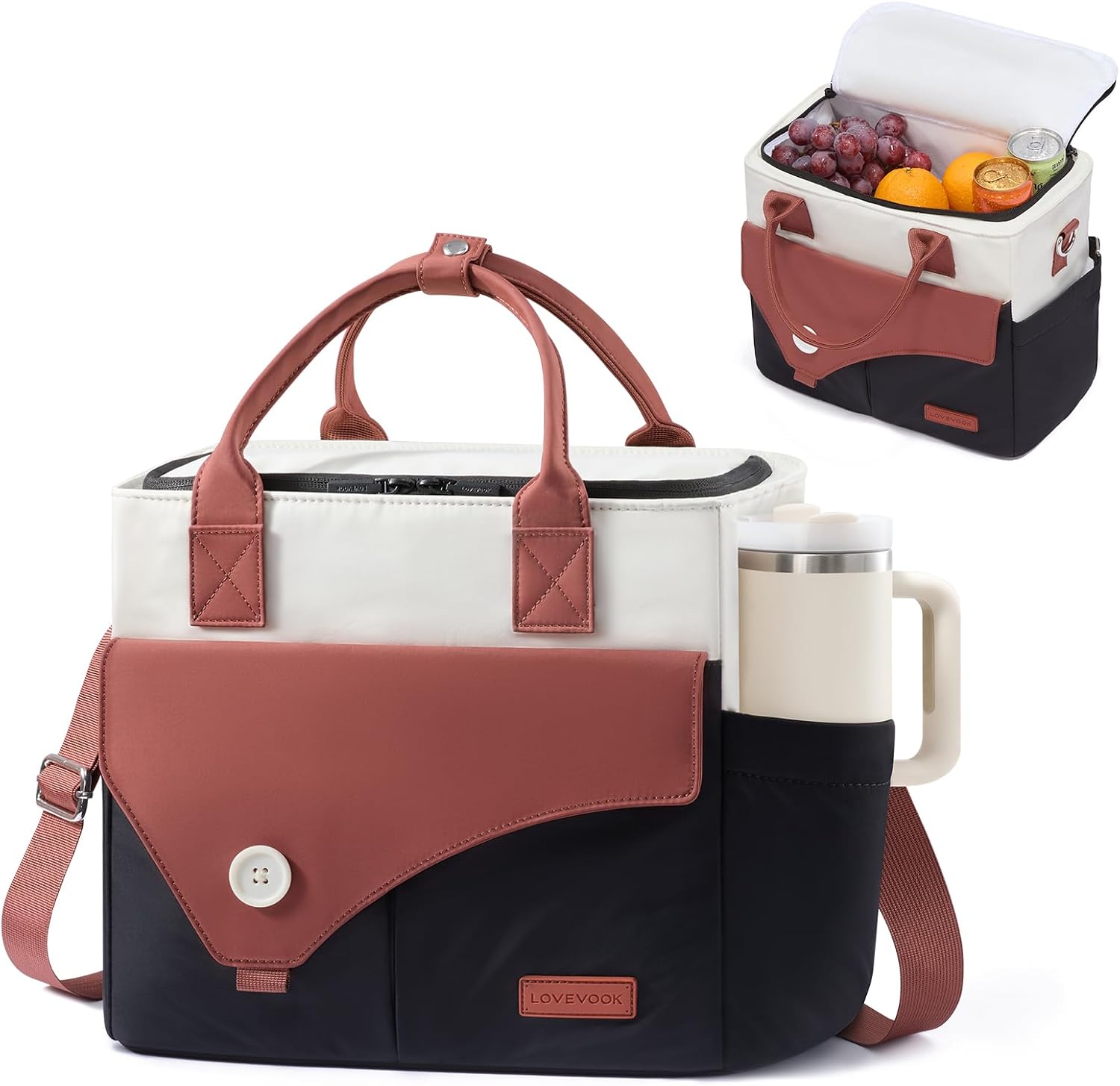 LOVEVOOK Insulated Lunch Bag for Women, Adult Large Lunch Box for Work,Wide Opening Leakproof Cooler Bag with Cup Holder