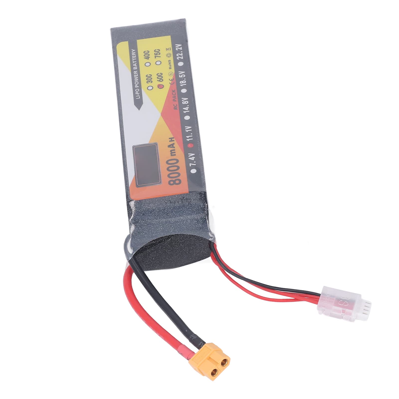 Batteria Lipo da 8000 mAh con tasso di scarica 60C, 11,1 V 3S, connettore XT60, ideale per modellismo di auto e elicotteri radiocomandati.