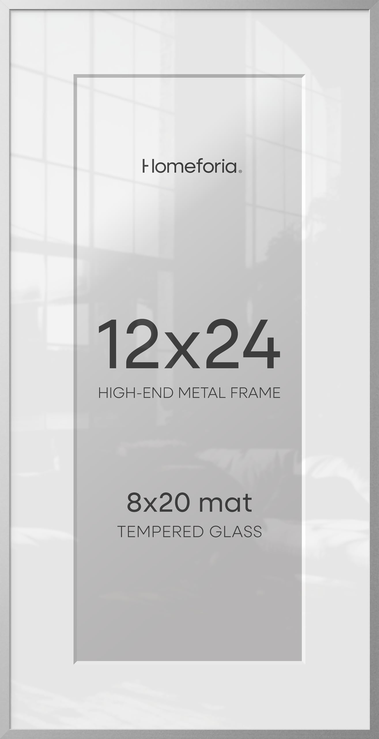 Homeforia 12x24 Silver Picture Frame, High-End Metal, 8x20 Mat, Glass | High End Aluminum, Tempered Glass, Acid-Free 8x20 Removable Mat, 12x24 in Edge-to-Edge Display 24x12, Wall Kit, Set Of 1