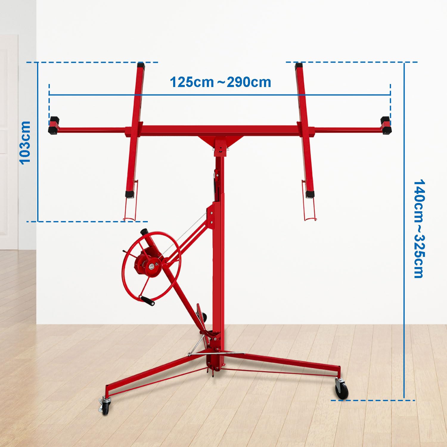 Elevador de placas en seco, XXL, plegable, hasta máx. 68 kg, elevador para placas de yeso, altura regulable de 140 a 325 cm, ancho de carga de 290 cm, con 3 ruedas, para techos y paredes (rojo)
