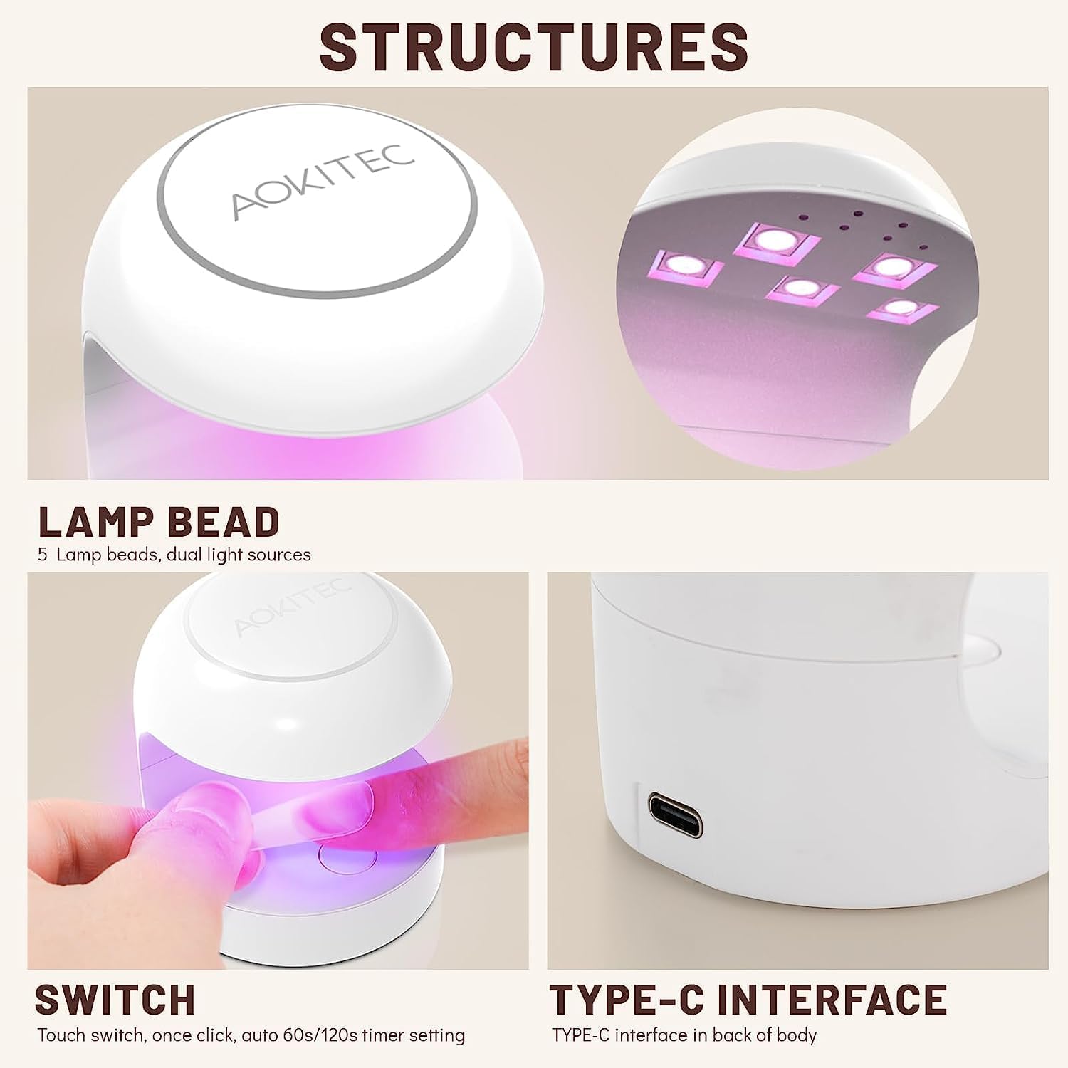 Aokitec UV Light for Nails, Mini UV LED Nail Lamp Portable Quick-Dry 12W Gel Nail Curing Lamp for Gel Polish Resin Glue Gel Extension Gel Manicure Kit for Salon Home DIY Nail Art (White)