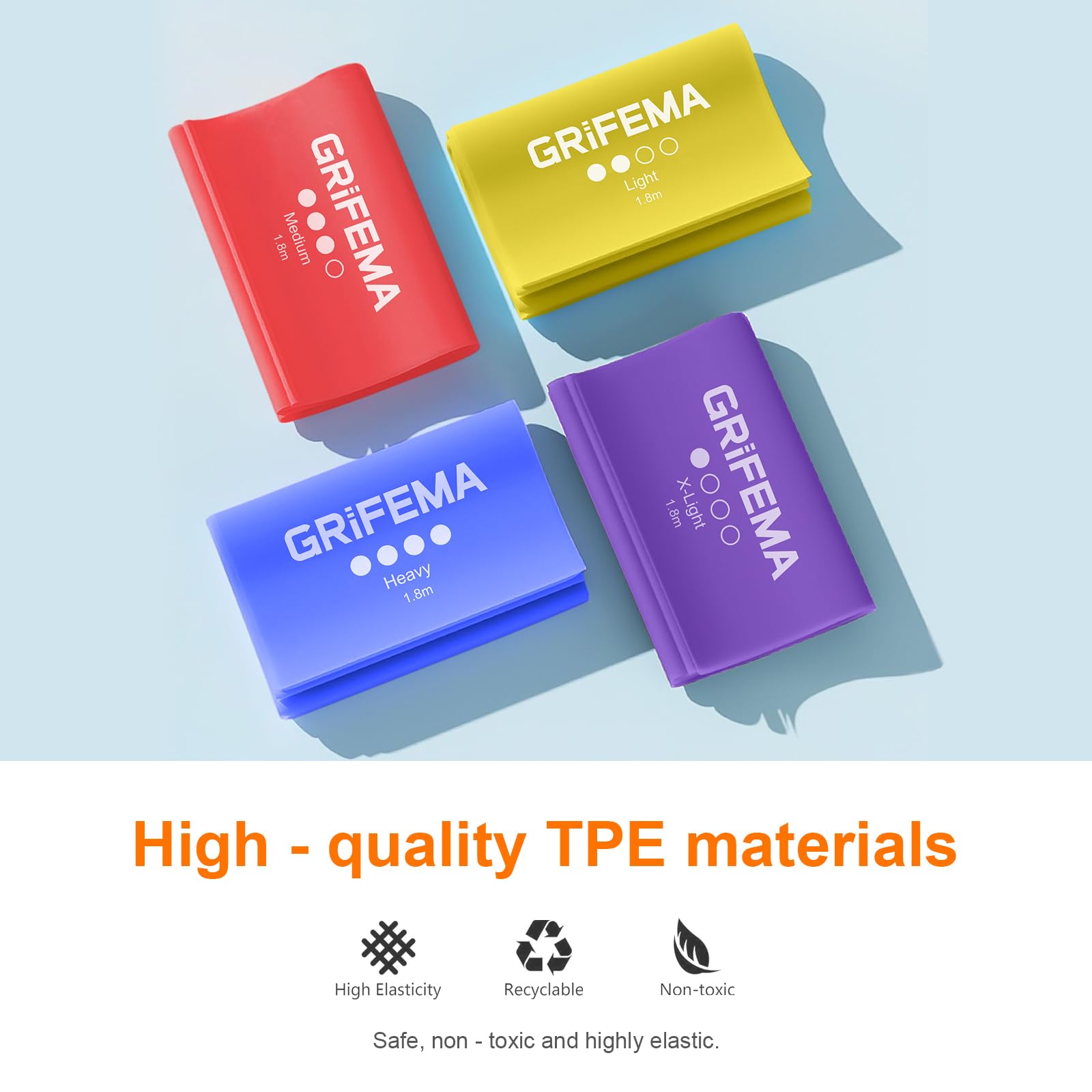 GRIFEMA GA5002 Fasce elastiche fitness [set da 4] 1,8 m, fasce elastiche con 4 livelli di resistenza per allenamento della forza, yoga, pilates