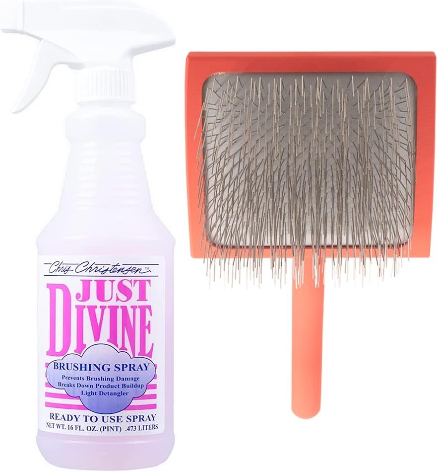 Chris Christensen Grooming Bundle - Just Divine Ready to Use Brushing Dog Spray, Prevents Brushing Damage, Light Detangler - Big G Slicker Dog Brush Large, Perfect for Doodles, Angled Polished Pins
