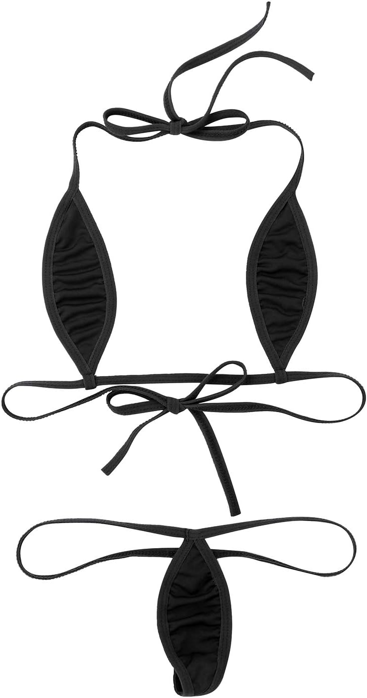 iiniimWomens Exotic Minimal Cover Bikini 2Pcs Swimsuit Halterneck Self-tie Bra Top Micro Thong