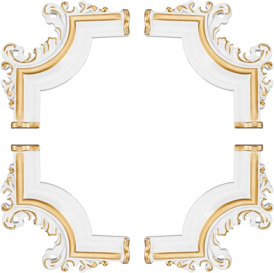 NBEADS 4 Pcs 5.98x5.9Inch PVC Appliques, Self-Adhesive Carved Wall Molding Corner Trim Wall Applique Decals Furniture Decoration Ceiling Line Corners, White