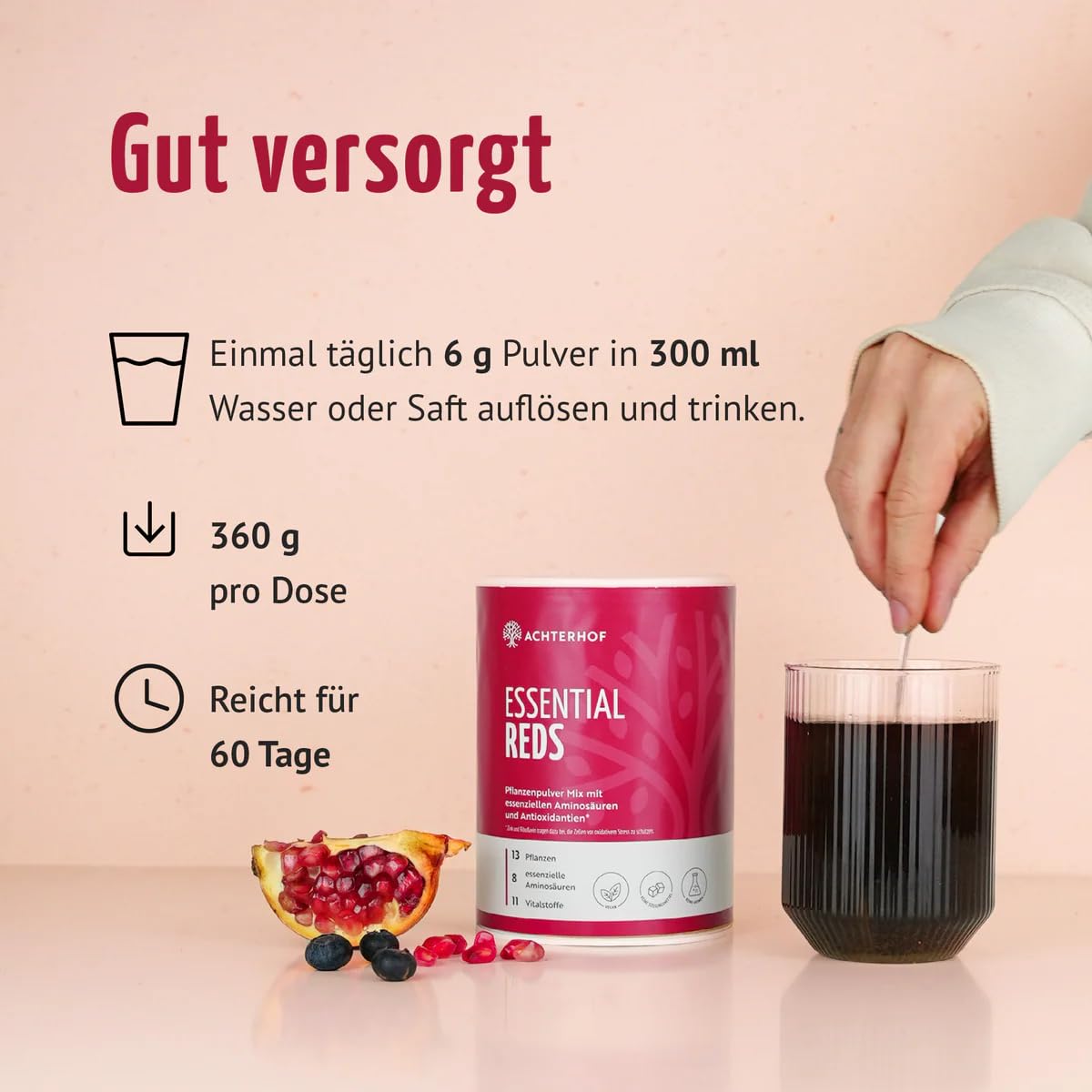 Essential Reds Pulver 360g | Superfood aus roten Beeren und Gemüse | rote Beeren, Antioxidantien, essentielle Aminosäuren und Vitalstoffe | für 60 Tage | Achterhof