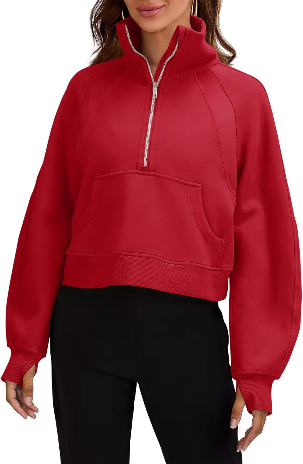 Womens Sweatshirts Half Zipper Crop Pullover Funnel Neck Fleece Lined Zip Up Long Sleeve Tops Thumb Hole Red