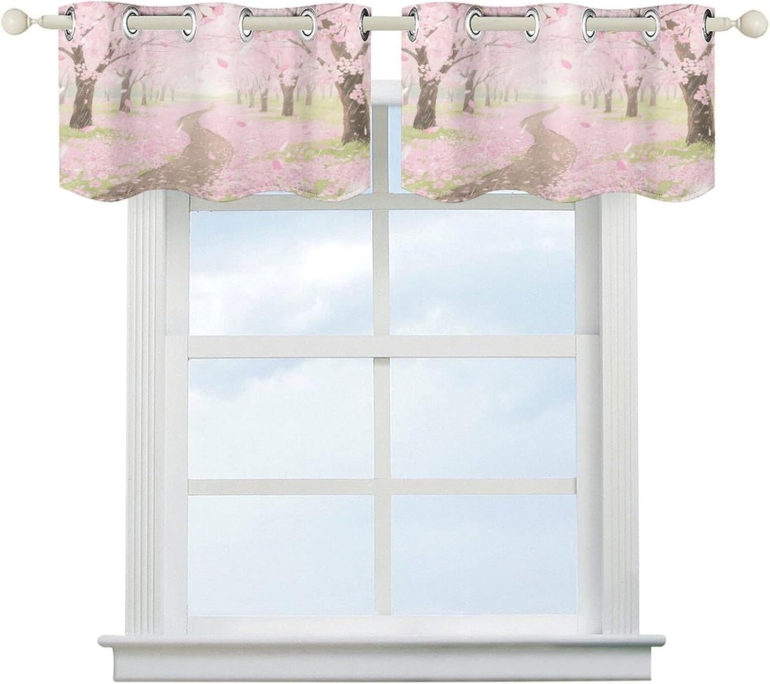 Cherry Blossom Forest in Early Spring Curtain 2 Panels, Polyester Fiber, Blackout Insulated Window Curtain, Curtain Valance for Kitchen Dining Room Living Room Cafe Small Window 52 * 18.1 Inches