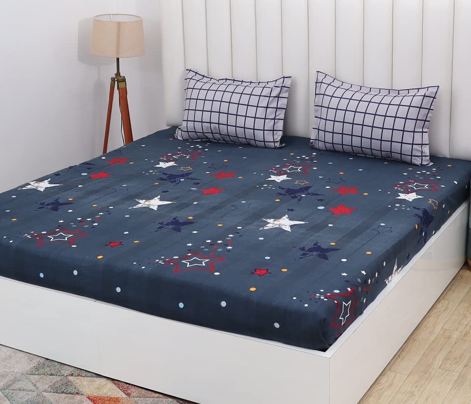 RD TREND® Presents Luxurious Glace Cotton Super Soft 210 TC 360° Elastic Fitted Bedsheet King Size (78X72X8 Inch) with 2 Pillow Covers, Color- Navy Blue Pattern-Star