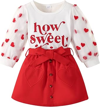 Little Girl Valentines Day Outfit Heart Long Sleeve Shirt+Love Skirt 2Pcs Set