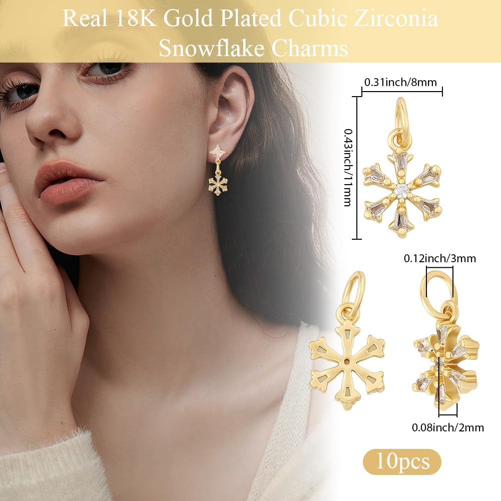 Beebeecraft 1 Box 10Pcs Cubic Zirconia Snowflake Charms 18K Gold Plated Crystal Winter Christmas Theme Charm with Jump Ring Dangle for Jewelry Making Bracelet Earring Neckalce, 11x8mm