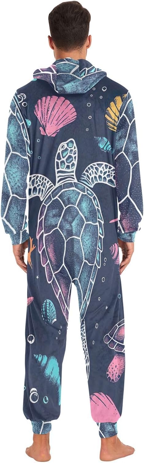 GAIREG Watercolor Turtle Seashells Blue One Piece Pajamas for Men, Men's Women's Lounge Wear