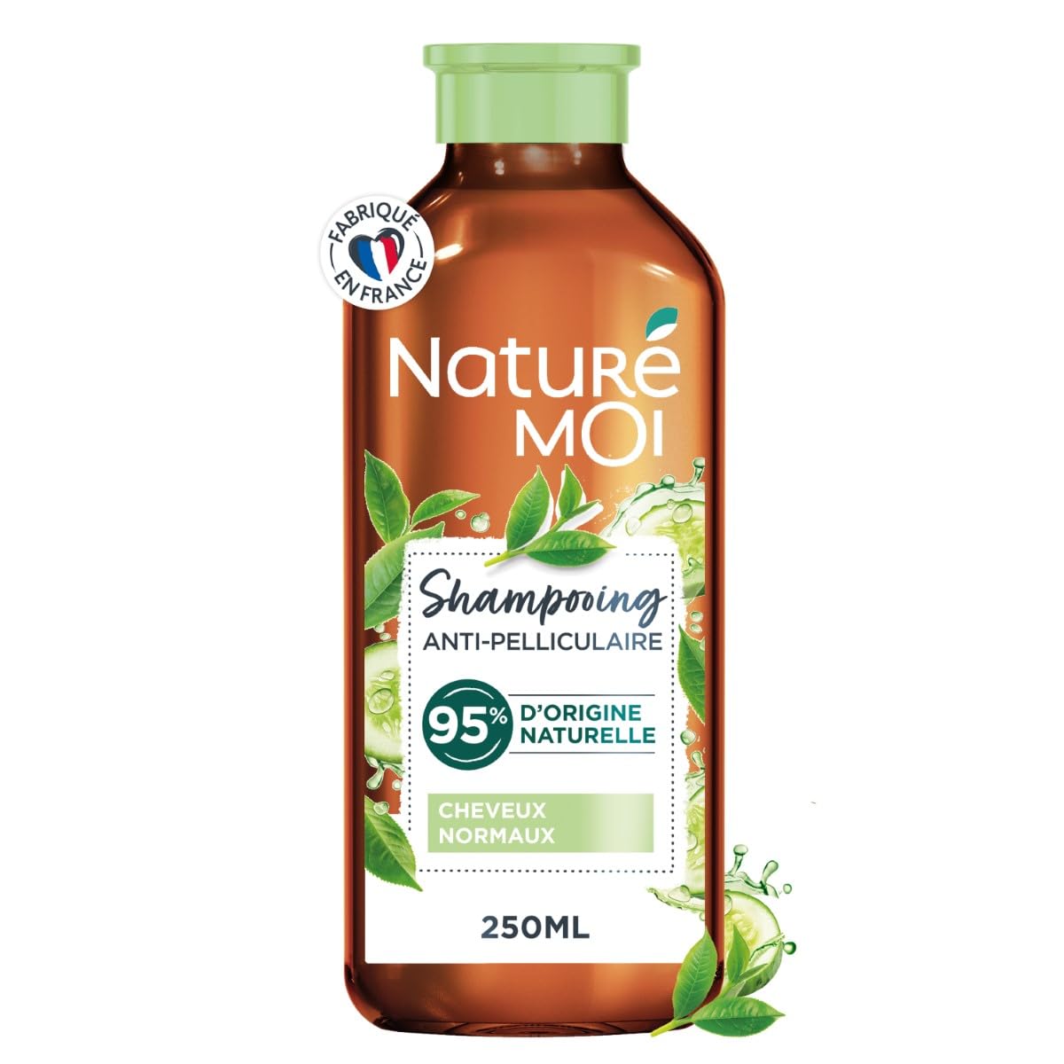Naturé Moi - Shampooing Antipelliculaire - Sans Sulfate - Soin des Cheveux Normaux Pellicules - Thé, Eau de Concombre Bio - 95% d'Origine Naturelle - 250 ml - Fabriqué en France
