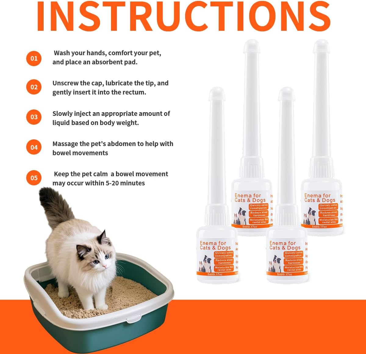 Disposable Enema for Cats & Dogs – Pet Enema for Constipation Quickly Softens Stool– Easy-to-Use Enema Kit for Small Animals – Vet Recommended – 5 mL（4 Pack） - Image 4