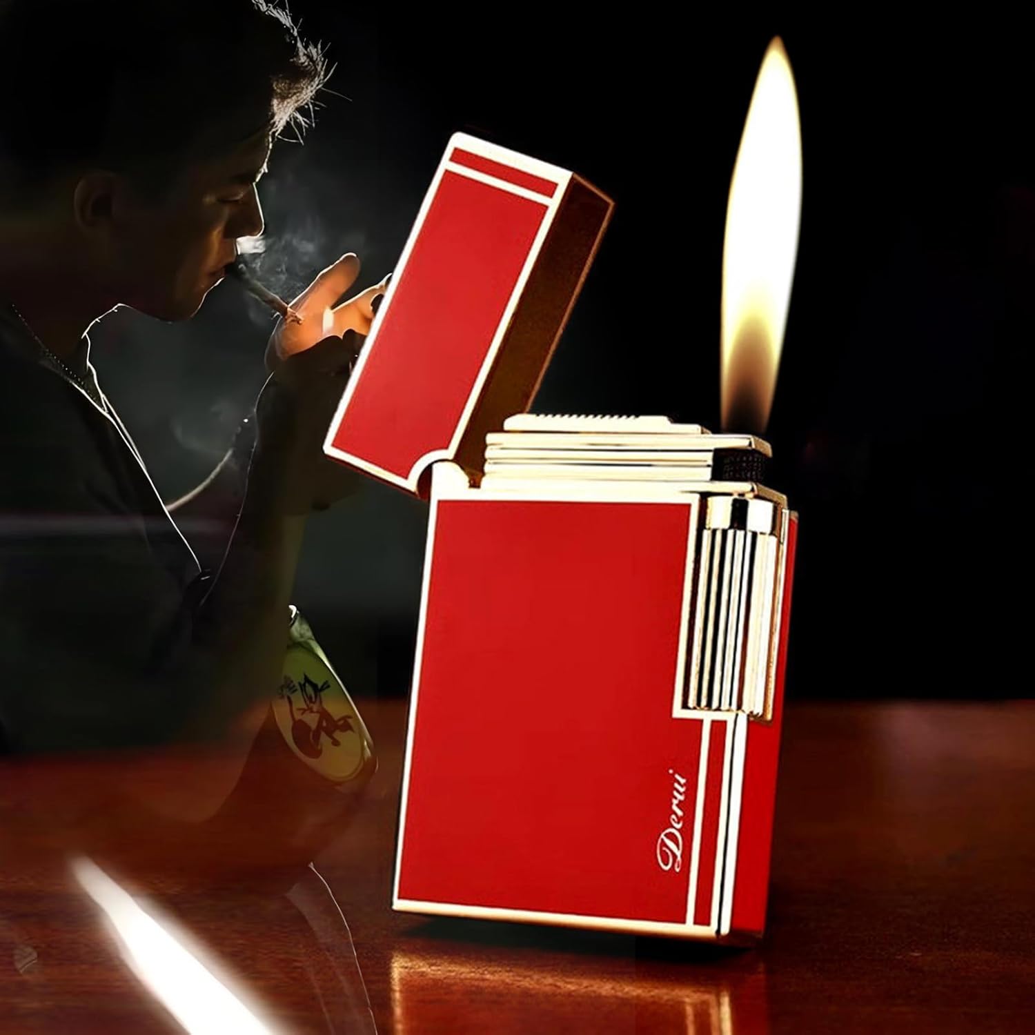 Classic Inflatable Butane Lighter for Men&Women, Metal Side-Slide Ignition, Adjustable Flame Flip Lighters Soft Flame Lighters, Refillable Butane Lighter (Without Gas) (Red + Gold)