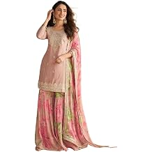 Indya Pink Embroidered Chinon Sharara Set for Festive | 3/4 Sleeve | Crew Neck | Salwar Kameez | Kurta Set