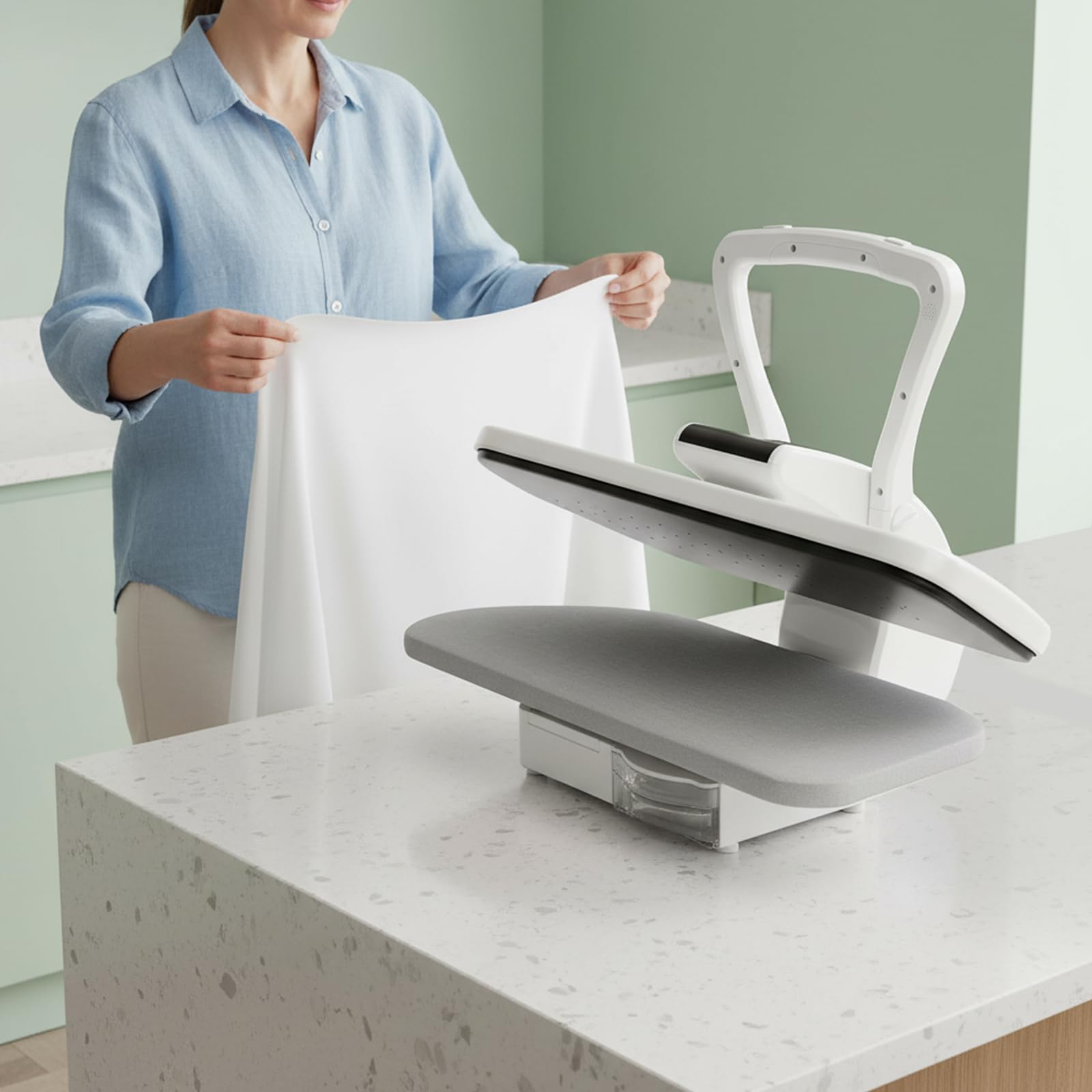 Pressa per ferro da stiro a vapore con supporto, 2200 W, funzionamento touch, 5 programmi tessili, filtro anticalcare e protezione contro il surriscaldamento, per abbigliamento, casa e negozi tessili