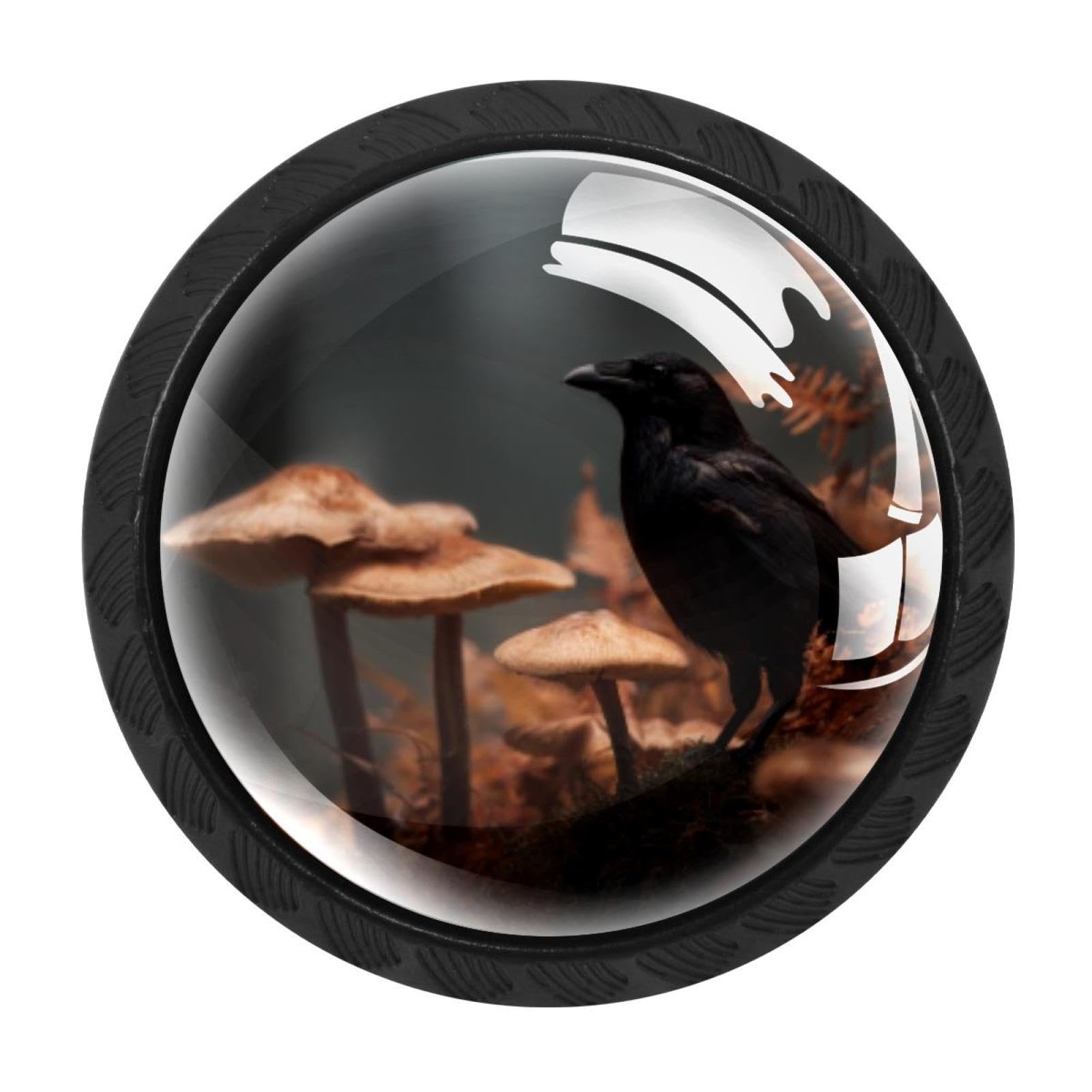 CHENZZZZ Crow Nature Mushroom Leaves (3) Drawer Knobs 4 Pack Crystal Dresser Knobs 35mm Glass Cabinet Knobs for Home Office Bathroom