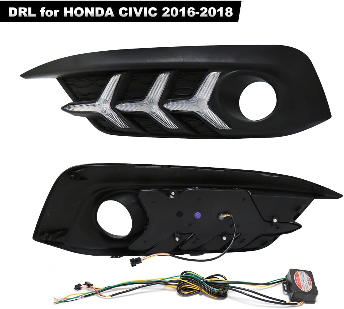 Daytime Running Lights For Honda Civic 10th Gen Sedan 2016 2017 2018 Fog Light 3 Colors DRL Amber Turn Signal Lamps LED Driving Light Fish Bone Style