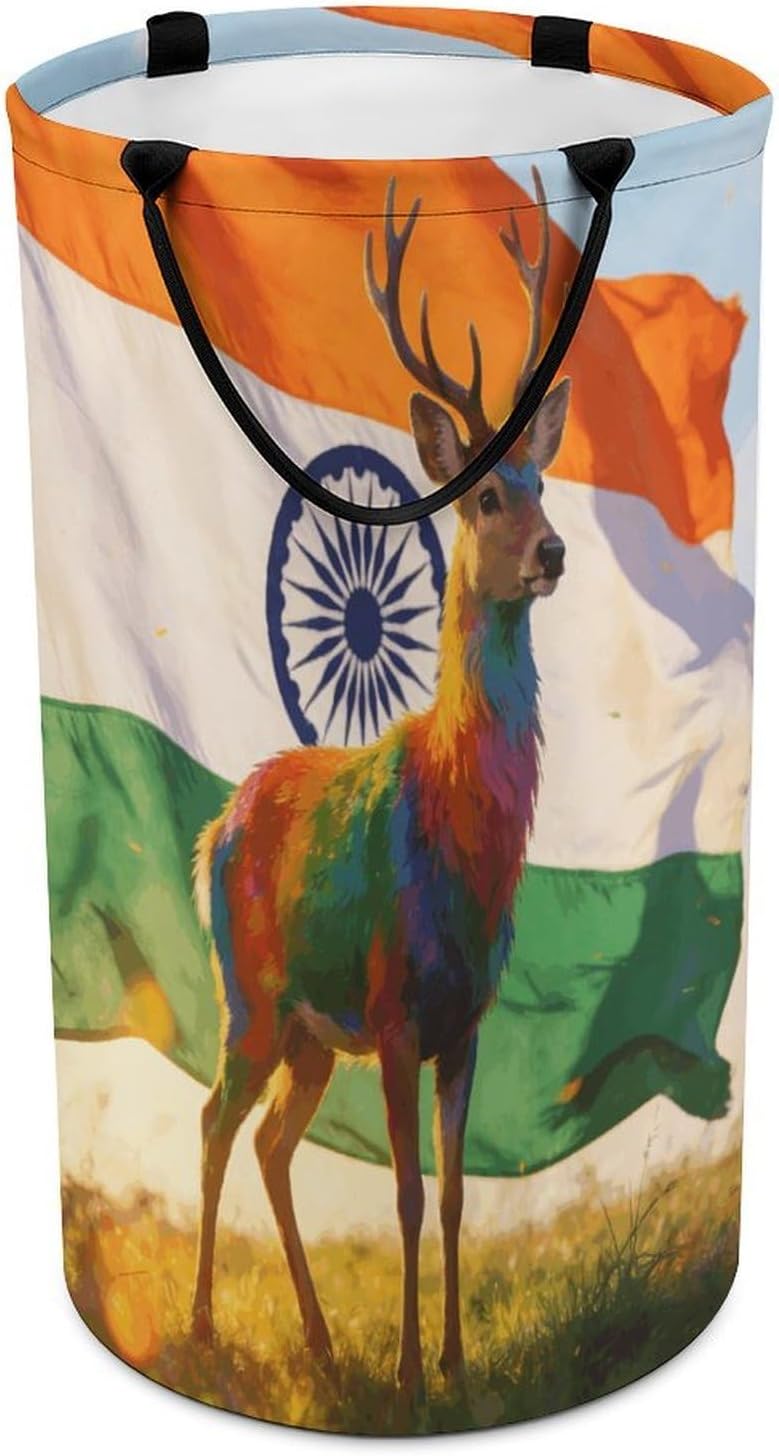 Colorful Deer And National Flag Laundry Hamper 86L Waterproof Collapsible Clothes Basket with Double Handles Freestanding Foldable Laundry Basket Large Clothes Hamper for Bathroom