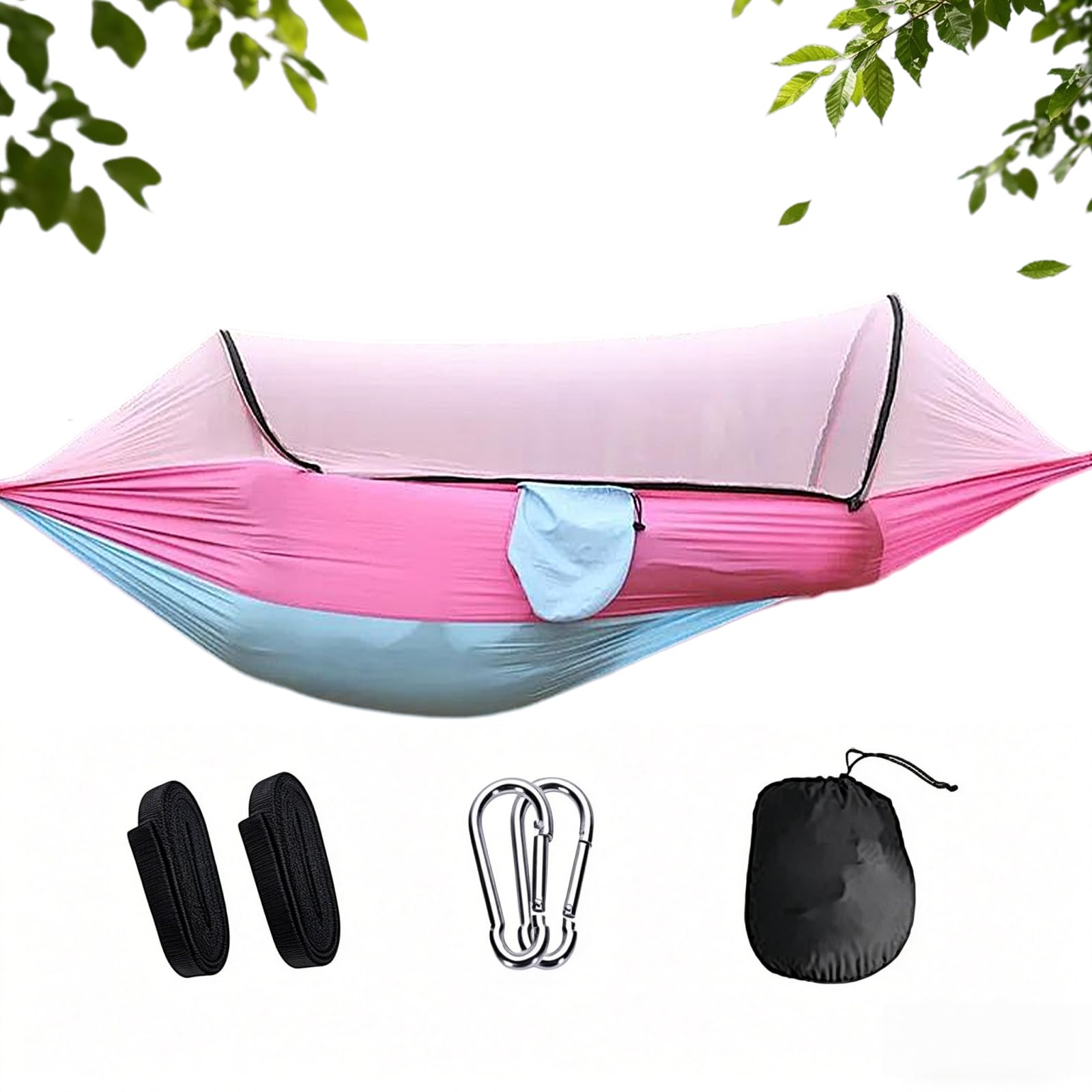 Hängematte 260 x 140cm, Camping Hängematte mit Moskitonetz, max. 300 kg, Fallschirm Nylon, mit Befestigungsgurten & Karabinern für Outdoor Wandern Rucksackreisen (Rosa/Blau)