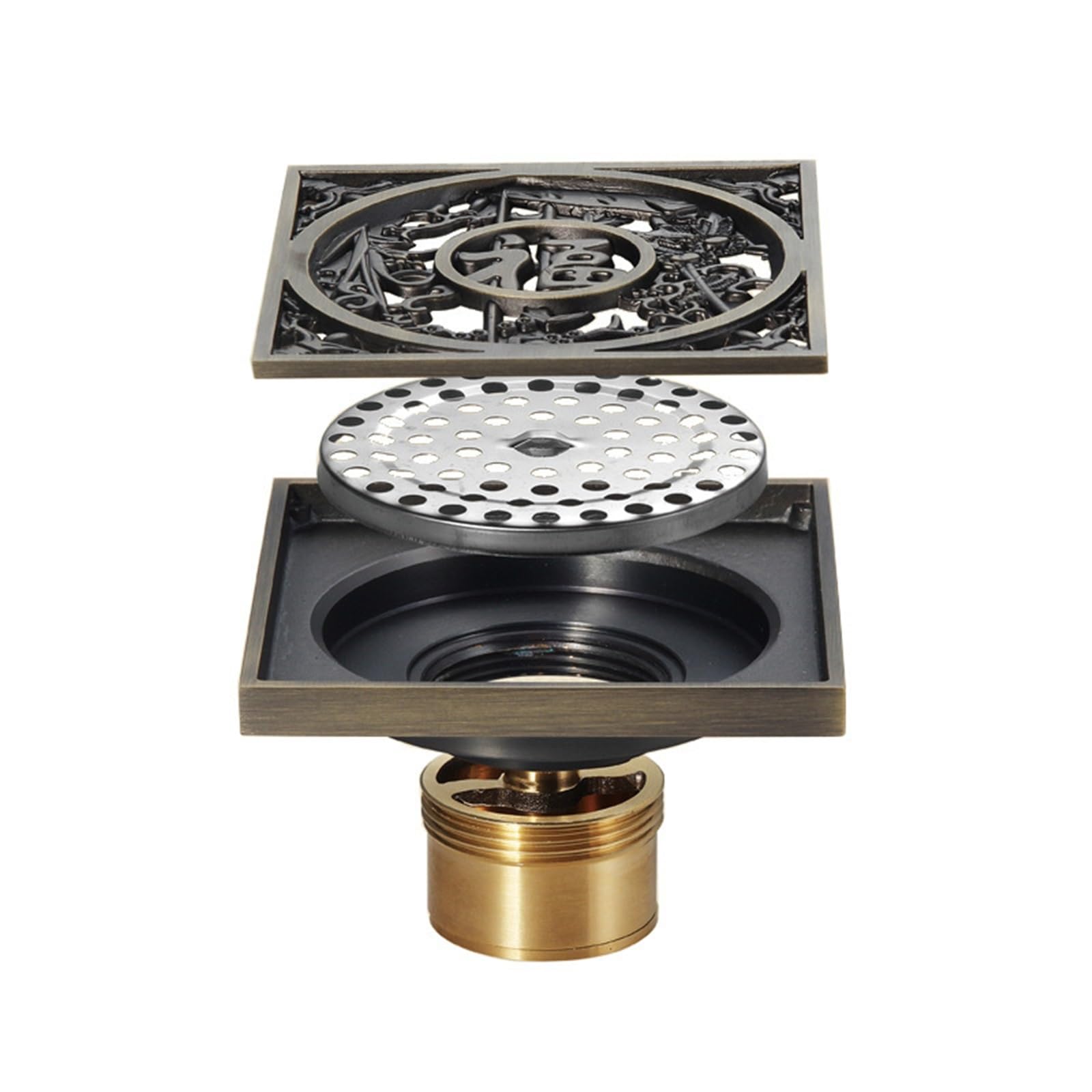 Drain de Douche, Drain de Sol de Douche 4 Pouces, Drain de Sol carré en Laiton sculpté Antique avec Attrape-Cheveux for Salle de Bain