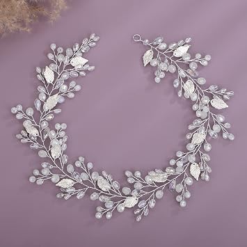 Teyglen Bridal Wedding Hair Vine Headband Silver Crystal Leaf Hair Pieces Handmade Blue Red Green Rhinestone Headpiece Hair Accessories for Women Bride Girls Silver