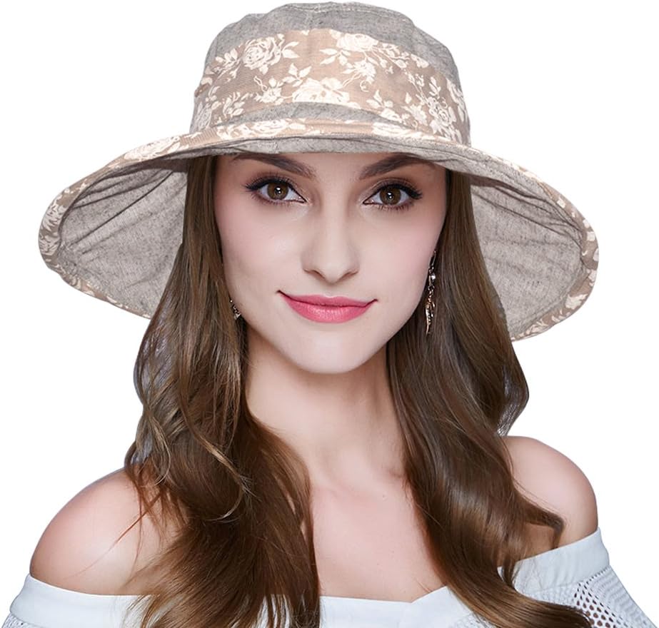 AOMUU Womens Summer Sun hat - UPF 50+ Wide Brim Floppy Foldable Packable Beach Hat w/Chin Cord