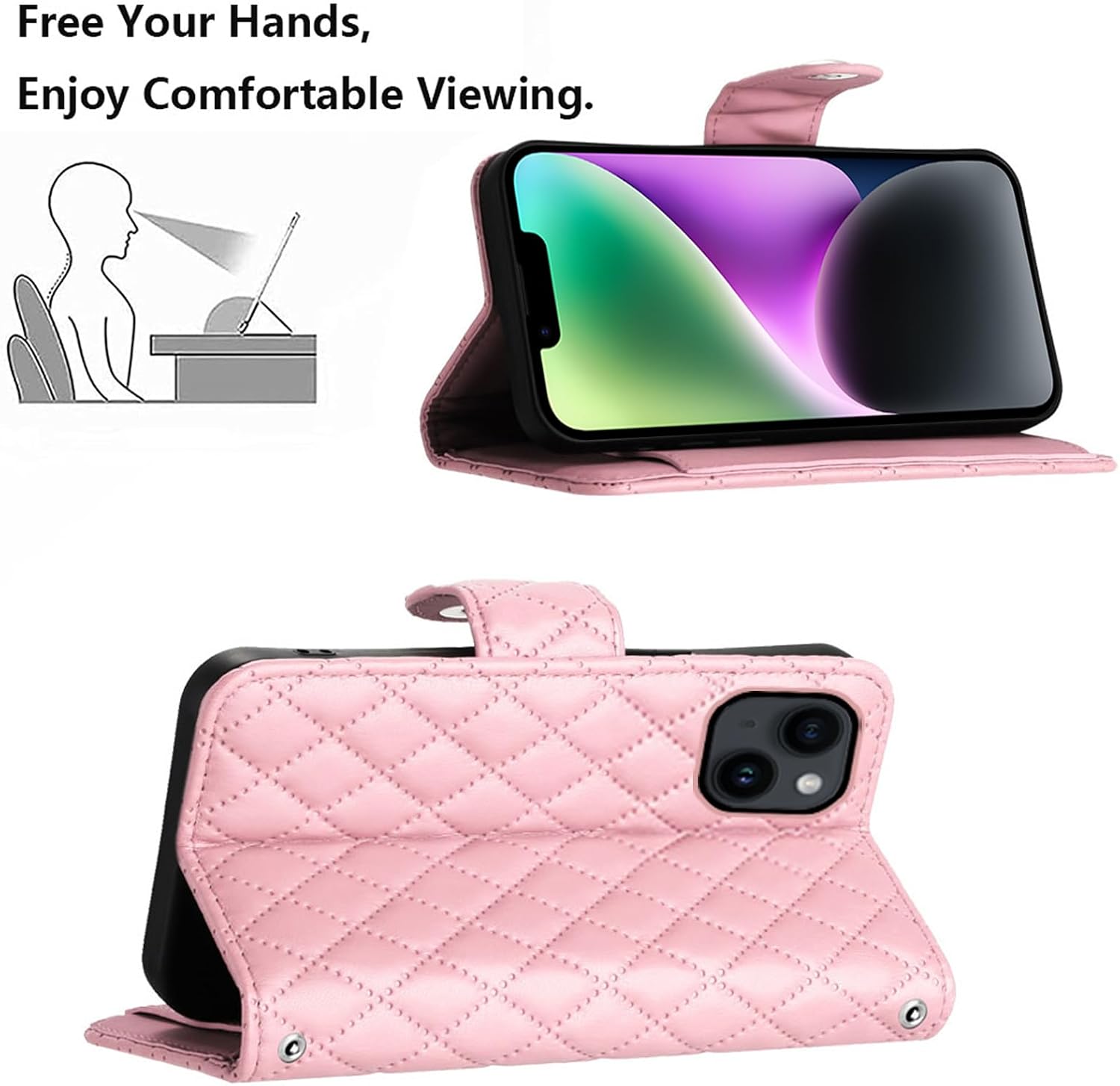 Wallet Case for iPhone 14 Plus 6.7 inch with Wrist Strap Shoulder Strap, Argyle Pattern Leather Flip Cell Phone Cover for i-Phone 14+ iPhone14Plus 5G i i14 + iPhone14 14Plus Girls Women Pink