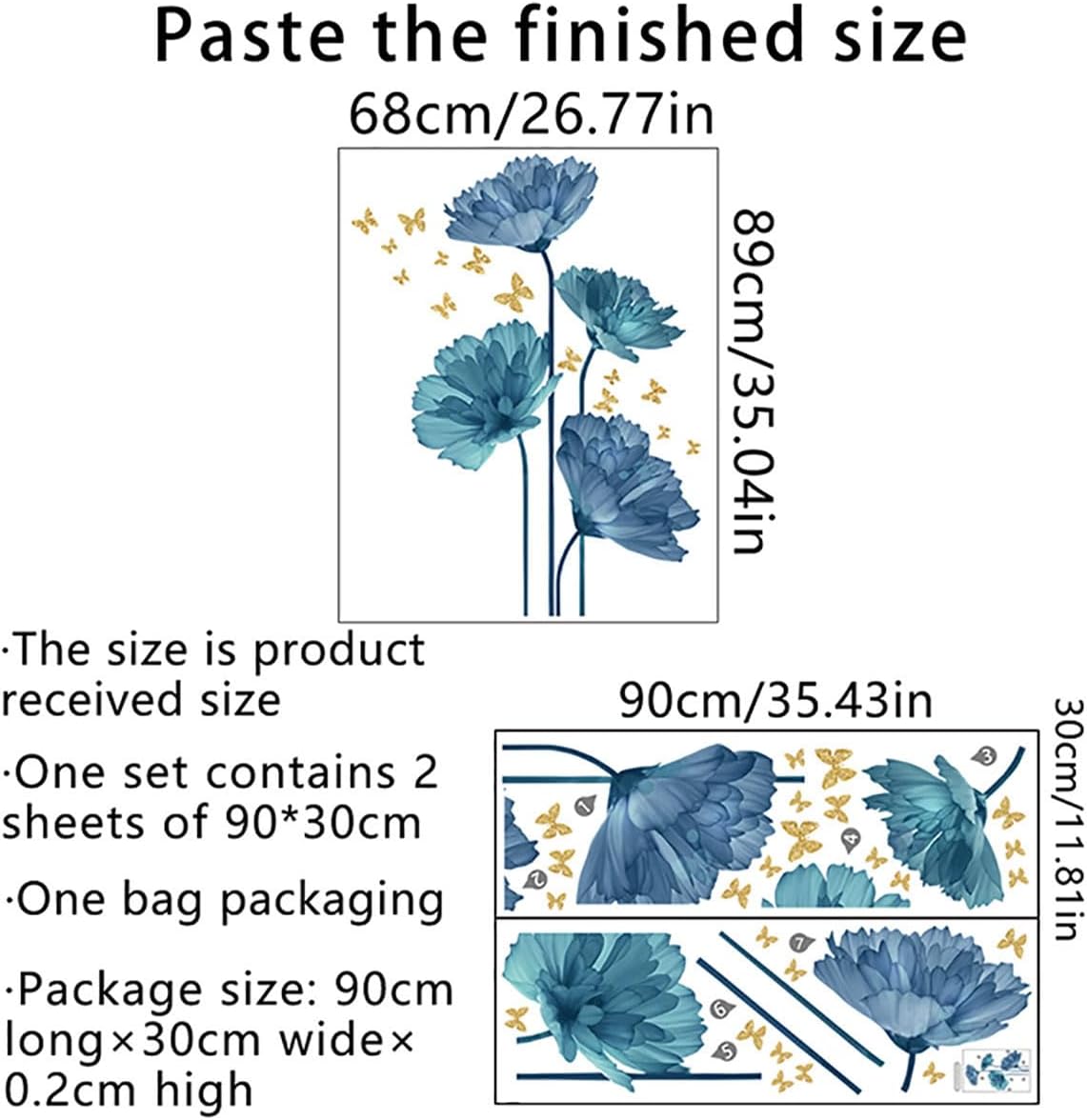 Runtoo Large Blue Flower Wall Decals Butterfly Floral Wall Stickers Backdrop for Living Room Bedroom Bathroom Wall Decor