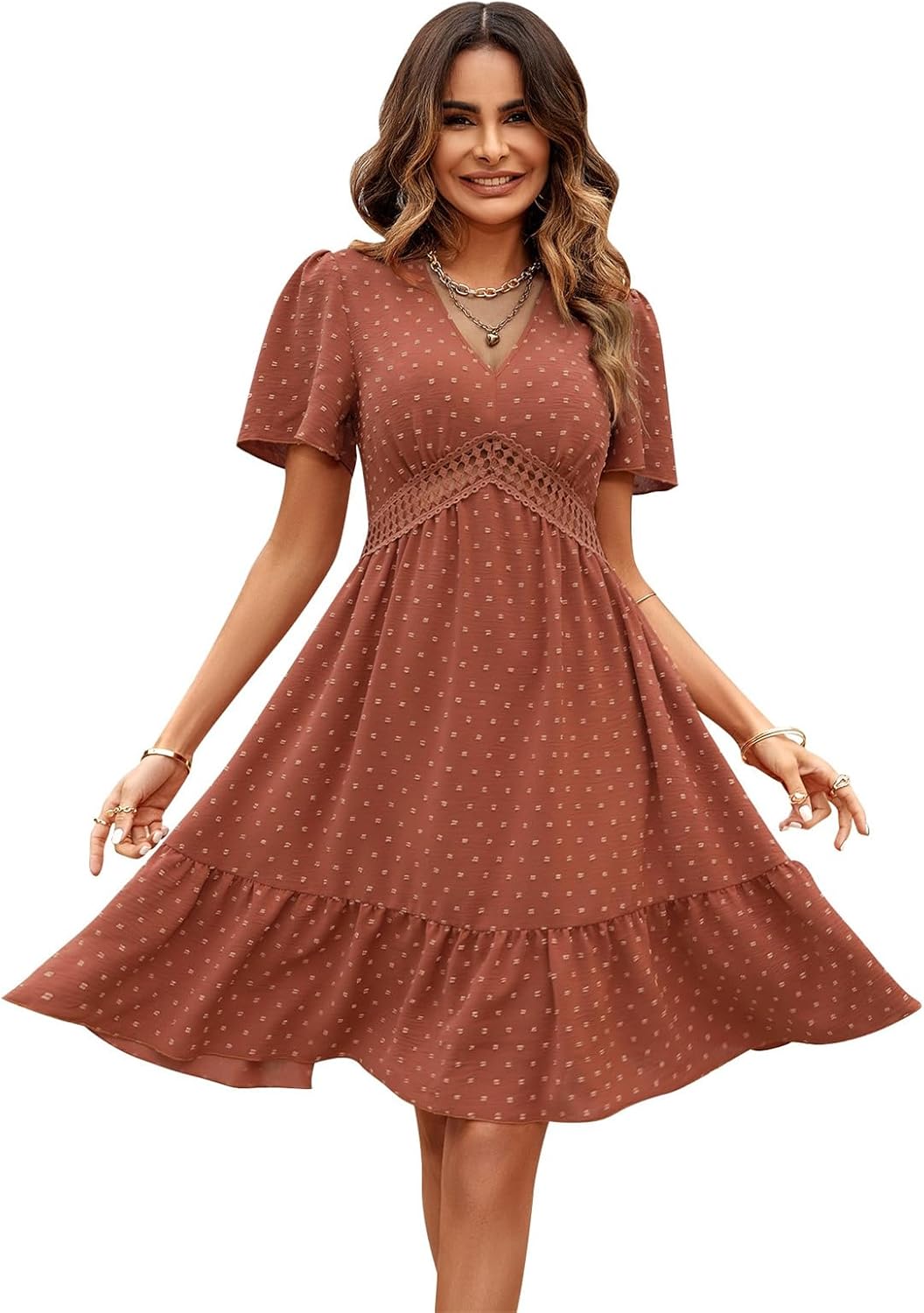 Women's Summer Short Sleeve Casual Polka Dot Dresses V-Neck Party Dress