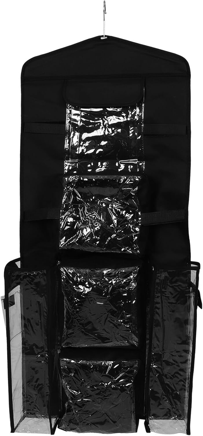 Hanging Wrap Storage Bag with Pockets, Over-The-Door Closet Organizer, Heavy-Duty Black Oxford Fabric, Wall-Mounted Wrapping Paper Holder for Home Packaging