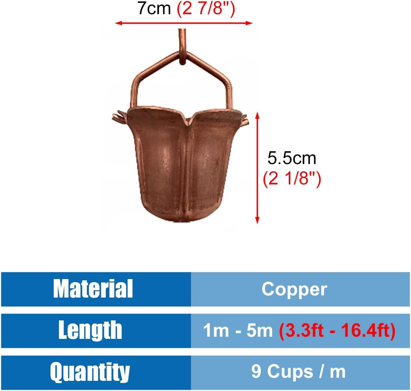 Extra Long Rain Gutter Chain, Solid Copper Rain Guide Chain for Gutter Downspout, Adjustable Rain Chain Cups Easy to Install, 9 Cups/M (Size : 1m (3.3ft))