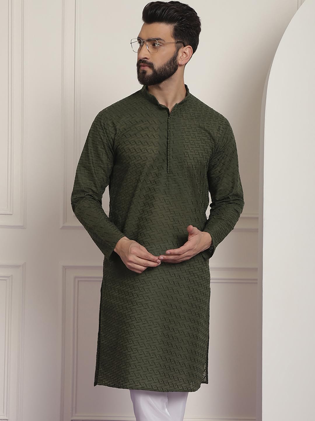 Sojanya (Since 1958 Ethnic Motifs Embroidered Thread Work Pure Cotton Dark Green Straight Only Kurta