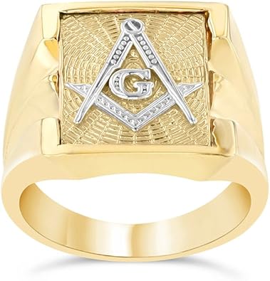 Mens Masonic Freemason Square & Compass Ring in Solid 10k Two-Tone Yellow Gold